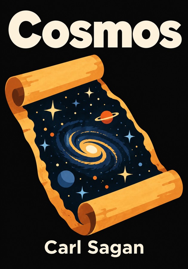 Book cover of Cosmos by Carl Sagan — critical summary review on 12min