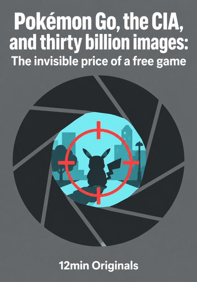 Book cover of Pokémon Go, the CIA, and thirty billion images: The invisible price of a free game by 12min Originals — critical summary review on 12min