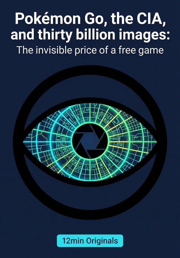 Book cover of Pokémon Go, the CIA, and thirty billion images: The invisible price of a free game by 12min Originals — critical summary review on 12min