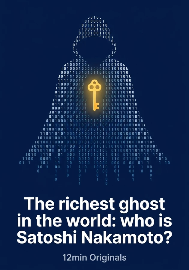Book cover of The richest ghost in the world: who is Satoshi Nakamoto? by 12min Originals — critical summary review on 12min