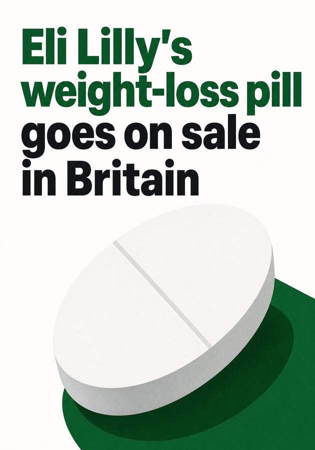 Book cover of Eli Lilly's weight-loss pill goes on sale in Britain by 12min Originals — critical summary review on 12min