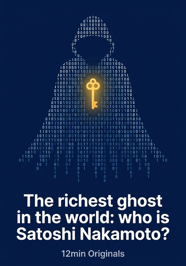 Book cover of The richest ghost in the world: who is Satoshi Nakamoto? by 12min Originals — critical summary review on 12min