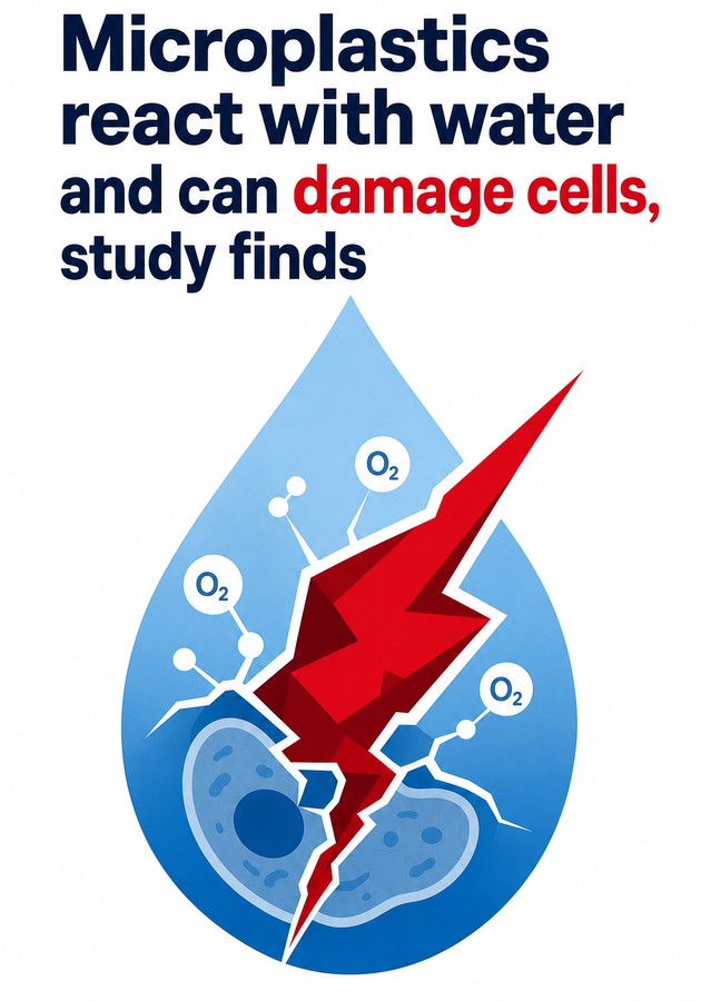 Book cover of Microplastics react with water and can damage cells, study finds by 12min Originals — critical summary review on 12min